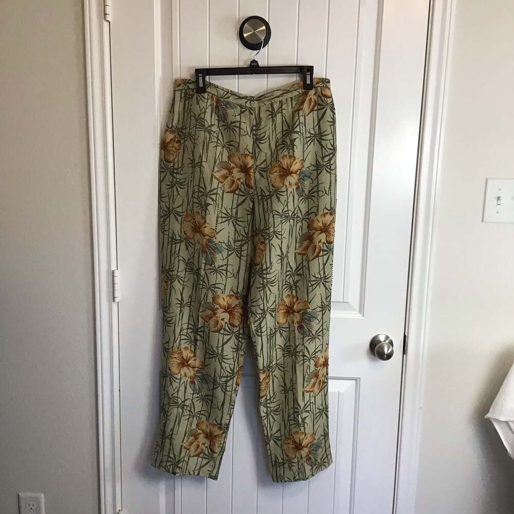 Adrianna Papell Silk Beaded Tropical Floral Pants Size 14 Summer Chic - Picture 2 of 15